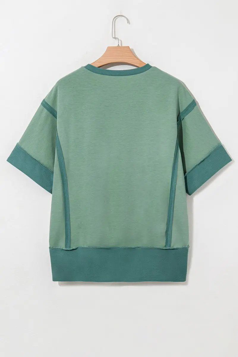 Smoke Green Half Sleeve Raw Seam High Low Side Split Top - Love Salve